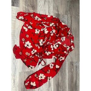 Red Floral Wrap Cross over Blouse Top Long sleeve Boho Chic dress shirt size S